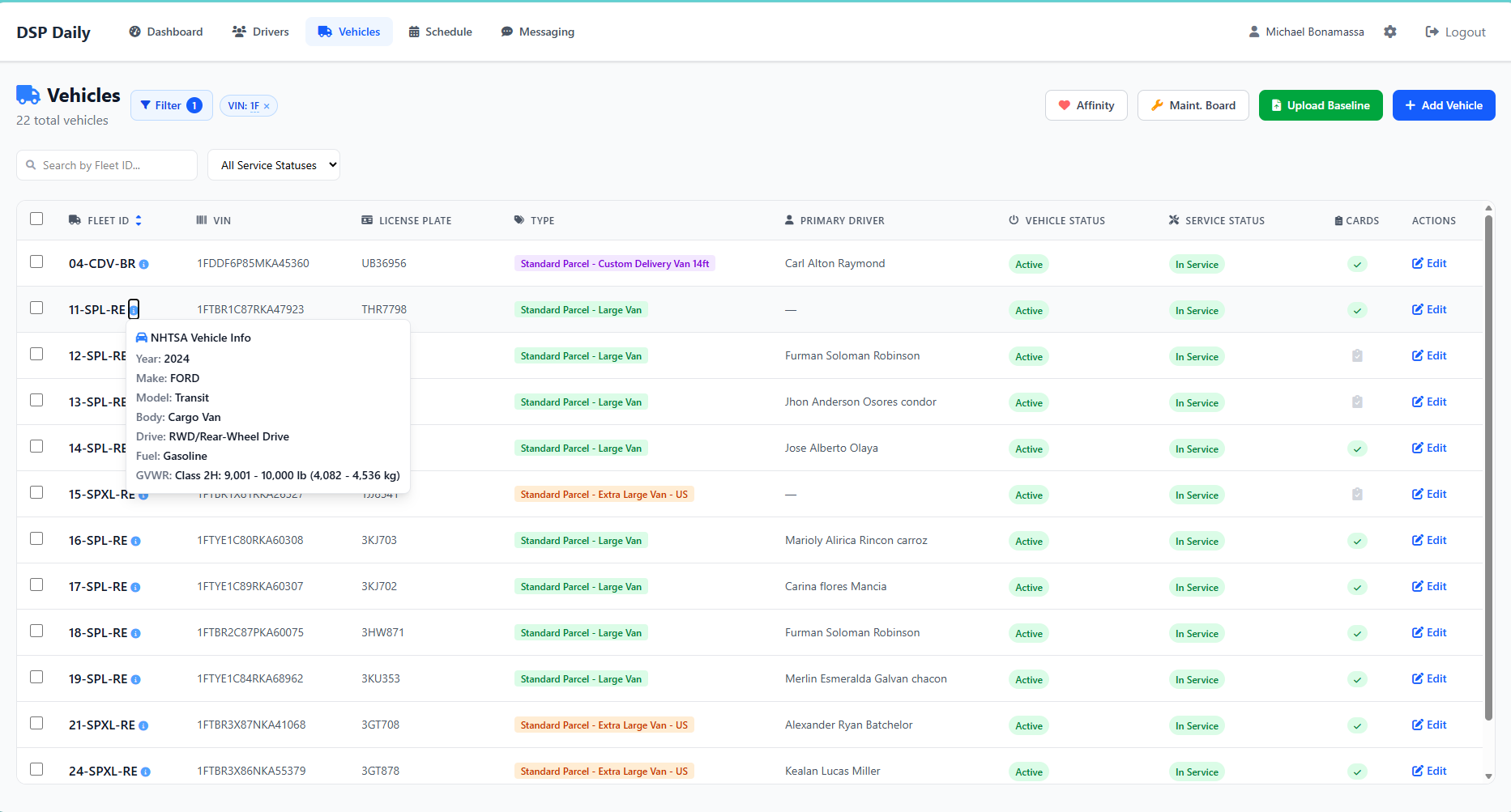 DailyDSP Vehicle Fleet with NHTSA VIN Decoding